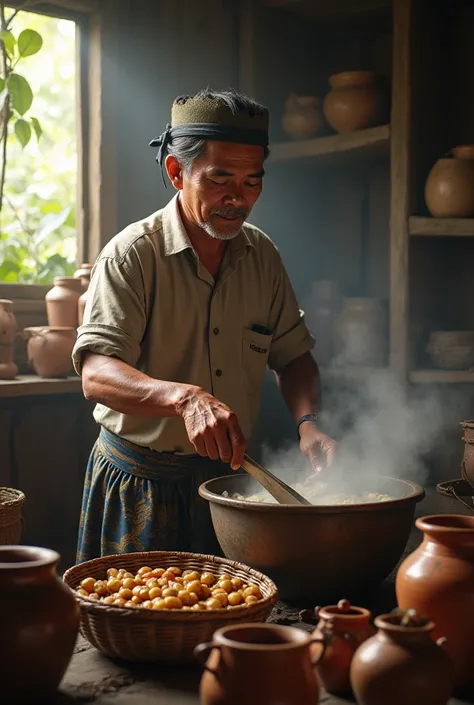 A man in traditional Javanese dress is making a meal