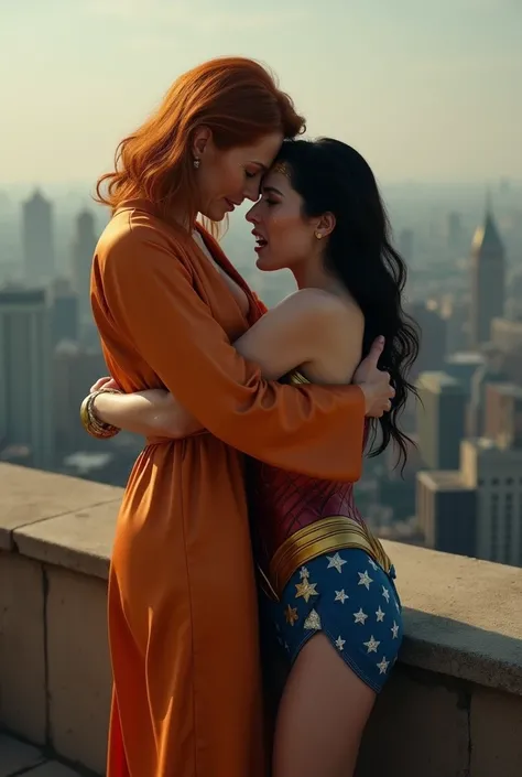 On a top of a building floor, mature ginger woman in orange satin robe that falls just above her knee holds wonder woman from behind hands around stomach , wonder woman is crying for help