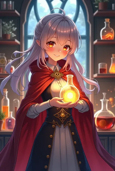 Generate an anime girl wearing an alchemist outfit with a red cloak, presenting her potion Proudly.