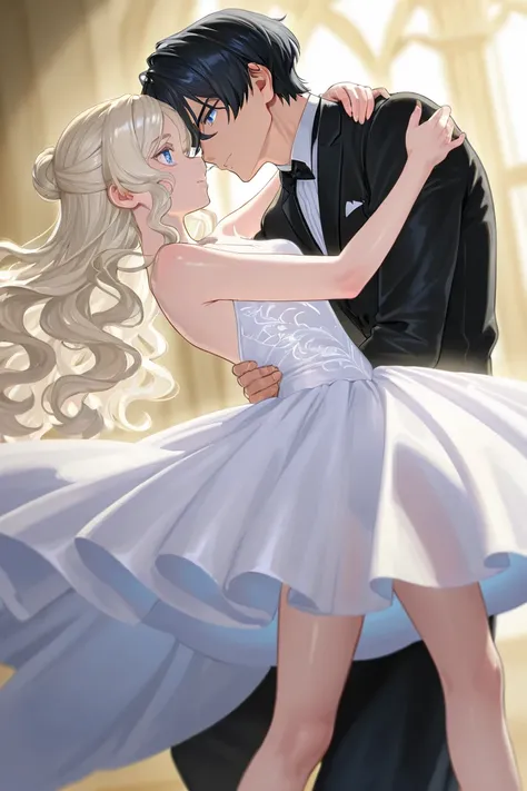 Tall white 23 year-old boy with Black hair, HE HAS light BLUE eyes, handsome, bad temper, wearing black clothes and a ballerina girl with her blonde long wavy hair and she has shiny blue eyes in a magic land wearing a white delicate dress. Theyre in love 