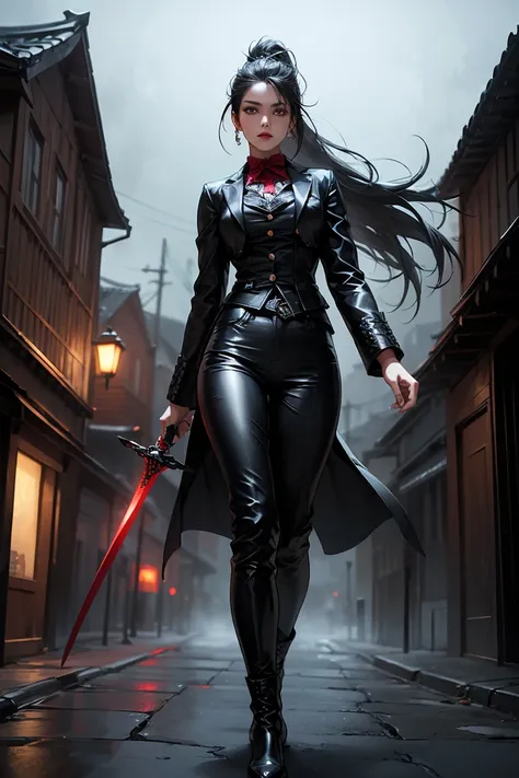 1 cute young beautiful asian woman shemale, dark haired, pale skin, grey eyes, asian slanted eyes, long hairs, red lips, dressed, sword held, earring, black leather vampire hunter outfit, black boots, pants, high ponytail, braids, calm look, scary victoria...