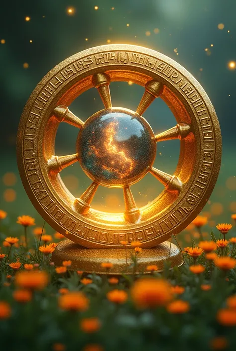 golden wheel, inscribed with ancient runes that shine when the light touches its metal. It is made of resplendent gold that seems to emit a soft, comforting warmth. Its surface is smooth, but when touched, a slight vibration can be felt, as if it is connec...