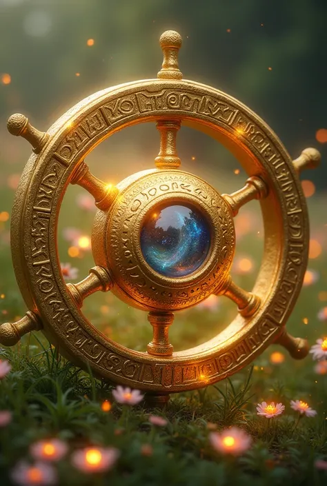 golden wheel, inscribed with ancient runes that shine when the light touches its metal. It is made of resplendent gold that seems to emit a soft, comforting warmth. Its surface is smooth, but when touched, a slight vibration can be felt, as if it is connec...