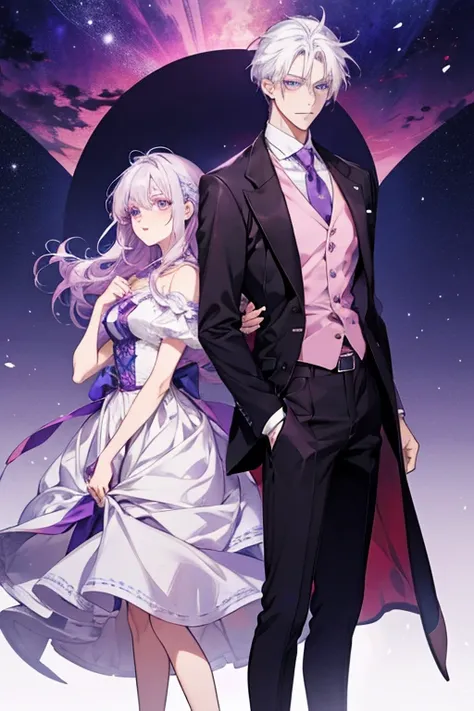 anime couple, guy, handsome, white hair, blue eyes, girl, beautiful, purple hair, pink eyes, teenager, standing pose, (make good quality pictures)