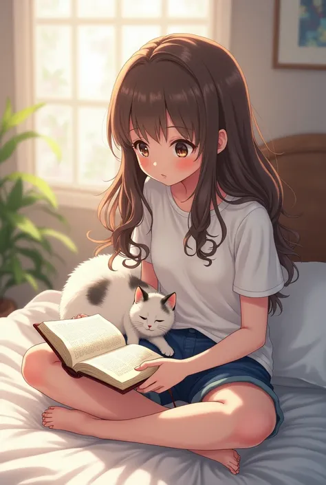 Create an anime girl with long curly brown hair with brown eyes reading a bible on her bed next to her white cat with gray and with blue shorts and a white shirt 