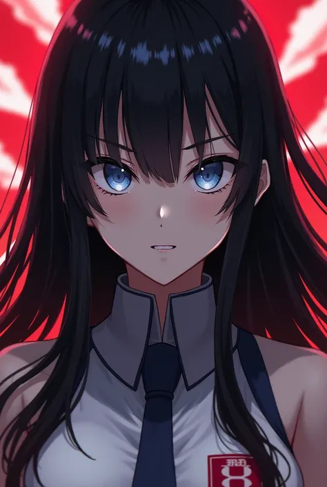 A girl with white skin, very light blue eyes, long eyelashes, with long shiny black hair, very beautiful and pretty, wearing the UA uniform, with a slightly angry expression behind her, shedding dark red shadows simulating her power. 