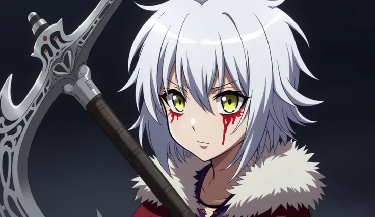 Image is an anime-style illustration featuring a character with striking white hair and a pale complexion. The characters eyes are vividly colored, with one eye being a bright yellow and the other obscured by a shadow. Blood is depicted flowing from the ch...