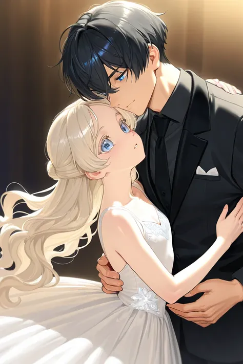 Tall white 23 year-old boy with Black hair, HE HAS light BLUE eyes, handsome, bad temper, wearing black clothes and a ballerina girl with her blonde long wavy hair and she has shiny blue eyes, wearing a white delicate dress. Theyre in love. 