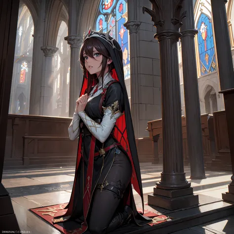 Rosaria in a medieval gothic cathedral, crouched in prayer, waiting for the arrival of heavenly angels, beautiful detailed eyes, beautiful detailed lips, extremely detailed eyes and face, long eyelashes, ornate gothic architecture, stained glass windows, m...