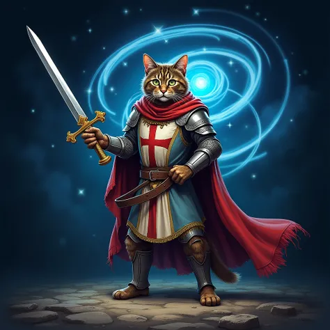 Make a crusader christian cat with a cross pointing a sword two handed and looking at the viewer in the eyes with a spinning blue vortex as if it was his wings in the background while taking a stance. Drawing style with no shadings dark starry background