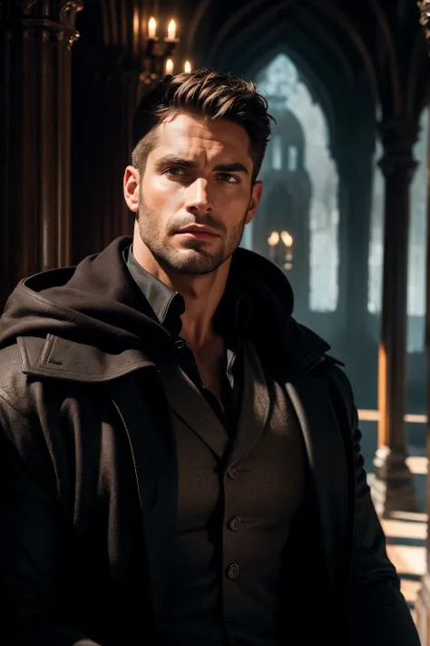 Score_9, score_8_up, score_7_up, tall, (absurdres, highres, ultra detailed), 1 male, adult, handsome, high muscular face, broad shoulders, finely detailed eyes, short black hair, brown eyes, black cloak, wearing a hood, leather vest, leather bag at the wai...