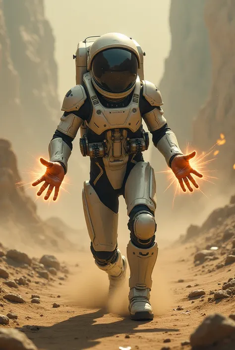 Its an image of a human in a space combat suit desperately reaching out to get radiant energy, but the background is a wasteland