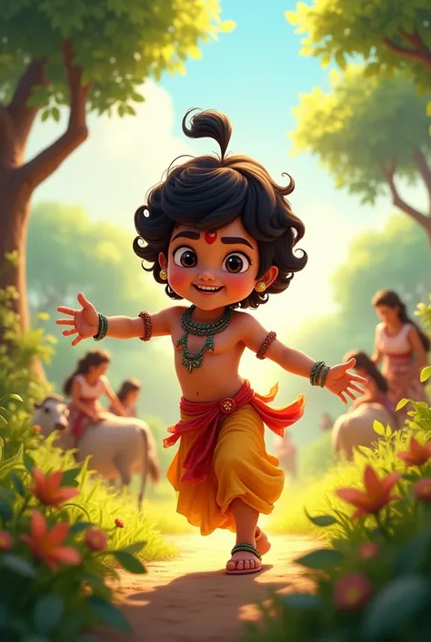 cartoon animation images -Narrate Krishnas playful and mischievous hood in Gokul, including his butter-stealing escapades and enchanting the hearts of the gopis.