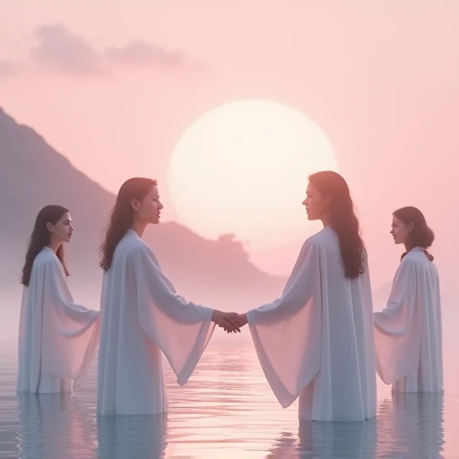 Scene wrapped in light 、Pale pink sky、cloud、High Hill、 Women are holding hands in a circle in shallow water、 Women are wearing white robes 