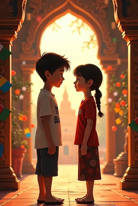 A boy and girl stand sight distance boy seeing towards girl and girl is seeing towards boy. Boy wear tshirt shivam roy written on it and girl wear a tshirt jyoti roy wrriten on it.in buddhas Temple 