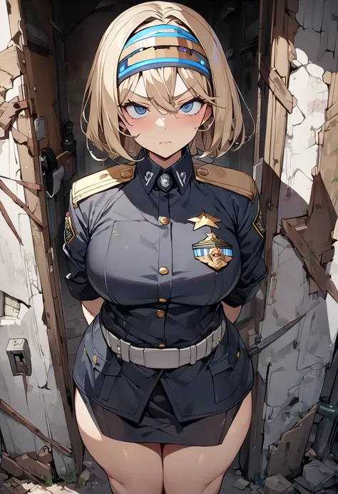 top quality, masterpiece,  high res, 8k,  anatomically correct human body, 1 girl, Alone, mature woman, (Expressive blue hanging eyes ), (((Light brown blonde ))), (((Female Officer))), standing, (((cowboy shot))), ( grey officer uniform ), ((( mechanical ...