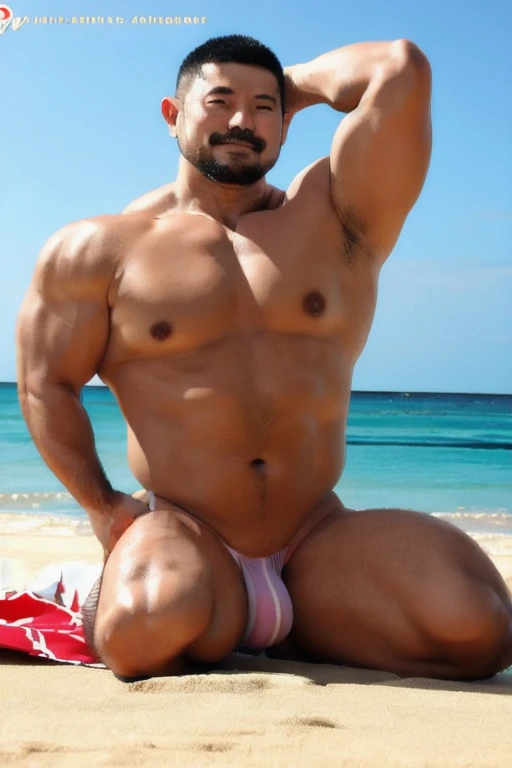 Japanese middle-age male, (full nude, only white fundoshi,) muscular, hairy body, blush, Huge nice bulge, Sitting on the floor, realistic, on the beach, evening