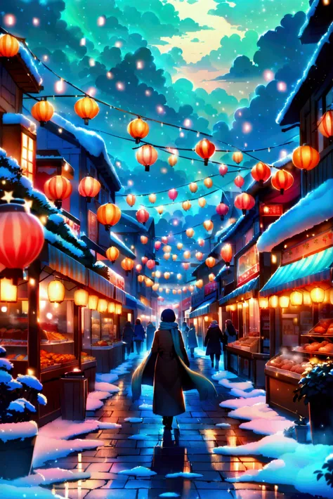 A bustling anime street at night, blanketed in soft, glistening snow. Warm golden light spills from lanterns and shop windows, reflecting off the wet pavement. Steam rises from street food stalls as people huddle in coats, their breath visible in the frost...