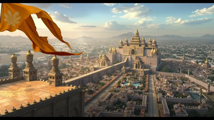 high quality cinematic shot of The palace is a grand and opulent structure, surrounded by towering walls of white and golden hues that exude strength and elegance. Ornate gateways, adorned with intricate carvings of mythical figures and floral patterns, se...