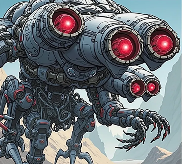 A giant, floating disembodied three-headed sentinel robot with red eyes