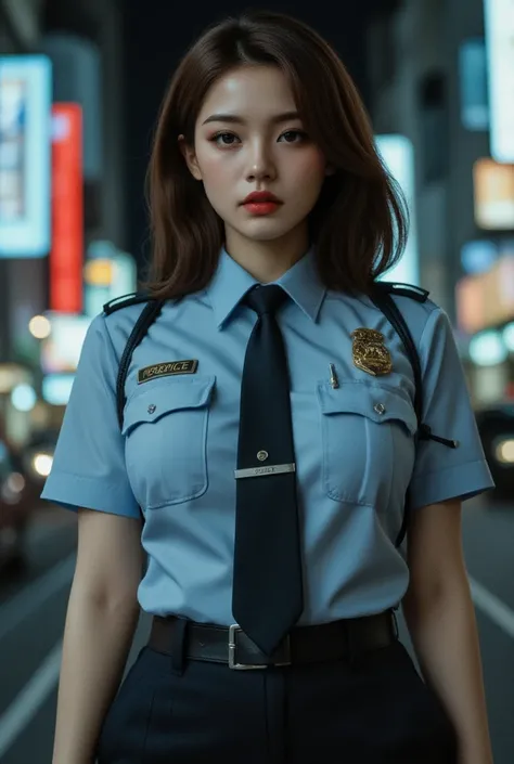 alone, (Police uniform, Female police officer), stockings, City lights, (Looking at the audience: 1.3), Release your lips, Red lips, Shiny skin, Skin dents, Highest quality, Ultra-high resolution, (realism: 1.4), (medium hair: 1.6),