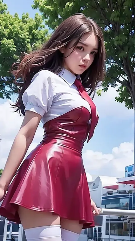  full height , side view fitted figure  ,  cute beautiful teen schoolgirl ,  beautiful cute teen face with big lips  ,  high-waisted red leather trapeze dress ,  short puffy sleeve blouse  ,  High waist red leather fluffy sun dress ,  red pioneer tie  ,  b...