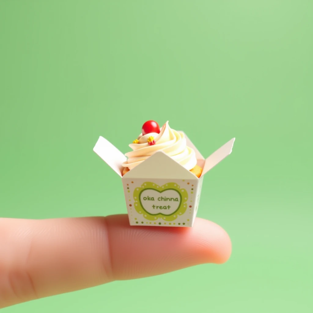 Show me a tiny real cupcake in a packaging box on a single finger reads" Oka Chinna Treat ". Background features soft green color.