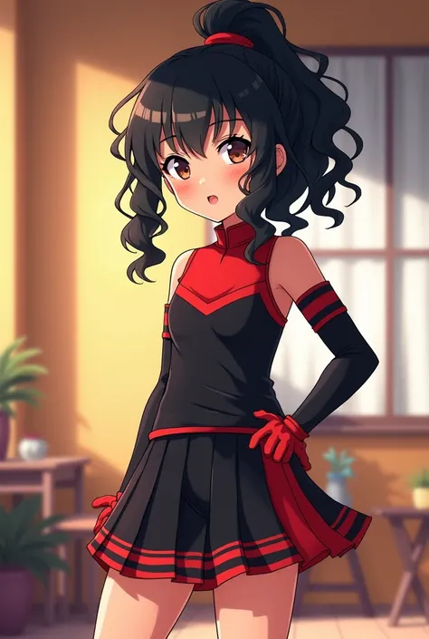 Male boy with long curly black hair with a ponytail wearing a cheerleaders uniform with a black and red skirt and shirt while in an anime-type house