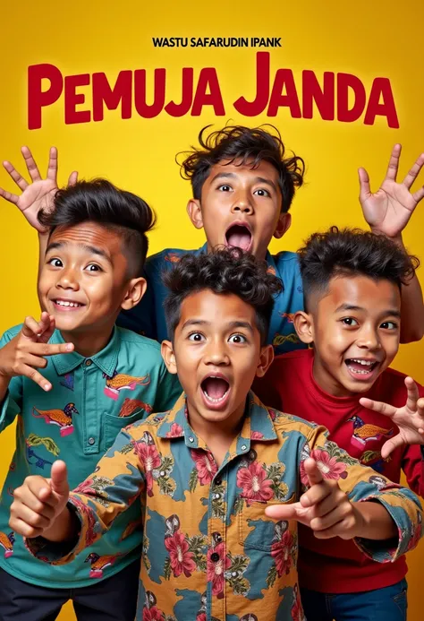 full color film poster photography with the title "PEMUJA JANDA" with the name "WASTU SAFARUDIN IPANK" model of 3 typical Indonesian boys fullbody pose comedywith unique positions with different hairstyles with a humorous comedy background complete with co...