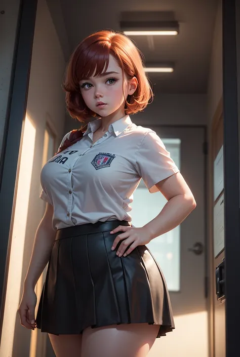 An young adult chubby redhead girl with school aesthetic, school outfit, innocent and naive expression, wet and oily curvy body, dramatic pose, high school outfit, girly, bangs short hair, tight skirt, tomboy, cute cheeks, 8k, hyper detailed, photorealisti...