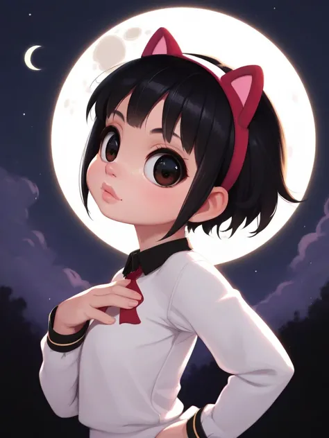 Loli anime girl, realistic shadow, detailed skin, very small bust, black hair, very detailed, 8K high-resolution face, perfect face shape, perfect lips, perfect nose, beautiful eyes, viewers, white shirt, bright moon, masterpiece, highest quality, single w...