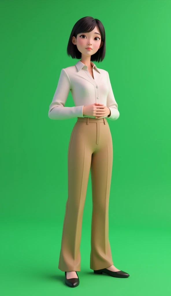  Create a 3D hyperrealistic image of a Korean female office worker in her 20s standing in front of a green background.  The woman is looking at the front .  The woman wears clean, dandy clothes and places her hands neatly on her stomach .  create an image ...