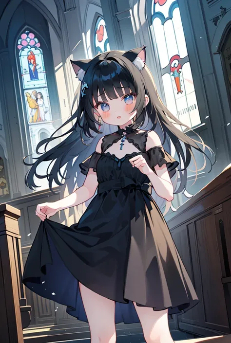 ((( cute girl))),((Cat ears)),(( black hair)),((pattsun maegami)),(( longhair )),((Lori))(( black dress)),(((Inside the old church)))