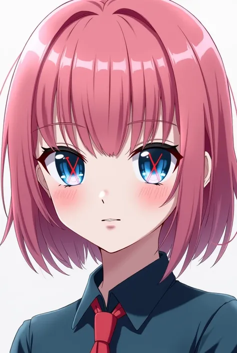 A pink haired anime girl with a blank expression and blue eyes with a crimson X pattern in the middle.