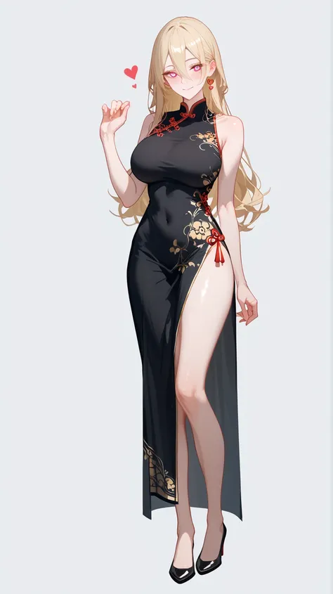 1 Girl,  unique ,  HD, Accurate,  long hair, blond,  Hair Between Eyes ,  Big Breasts ,  blush,  has a seductive smile, heart in eye,  Wearing cheongsam， Full Body Photo ， long legs，Black Silk：1.5， format