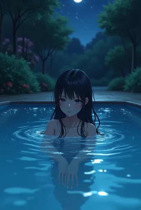 Yong girl who is in the pool at night with black hair