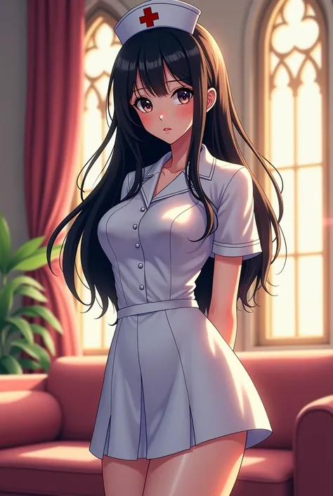 masterpiece、 top quality 、 super detailed 、 illustration、 colorful 、Falt color、 depth of field 、lens flare、 1 girl、Long black hair、 Big Black Eyes 、(Tareme)、smile、 look at the viewer 、 living room 、 miniskirt、 Nurse、 Nurse制服、 standing、Back arm、 detailed sk...