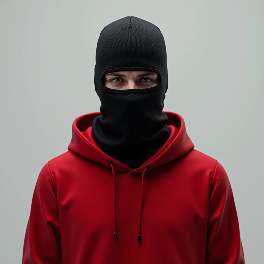 3D  in a balaclava !  Hes wearing a red hoodie. empty background   