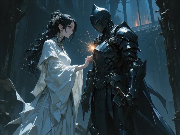 A white empress, clad in a gown of pure silk that clings to her form like the shackles of her own psyche. Her eyes, once a vibrant blue, are now clouded with a mix of fascination and fear, as they gaze upon the dark knight standing before her. His armor is...