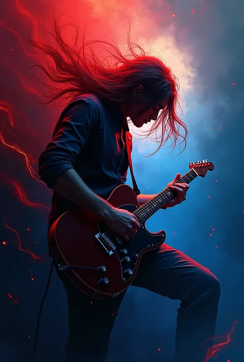 Prompt: "An abstract composition representing the essence of rock ballads, with swirling, vibrant colors of deep red, black, and electric blue. The image features dynamic, flowing shapes and sharp angles, symbolizing the powerful emotion and energy of the ...