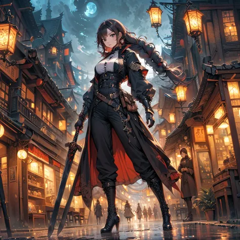 (top quality, 4K, masterpiece :1.3),  double eyelid, 1 cute young beautiful asian woman shemale, dark haired, pale skin, grey eyes, asian slanted eyes, long hairs, red lips, dressed, sword sheathed, earring, black leather vampire hunter outfit, black boots...