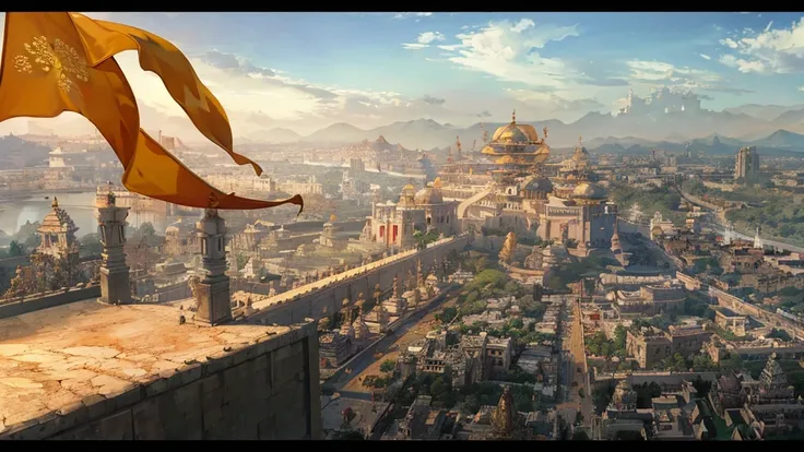 high quality cinematic shot of The palace is a grand and opulent structure, surrounded by towering walls of white and golden hues that exude strength and elegance. Ornate gateways, adorned with intricate carvings of mythical figures and floral patterns, se...