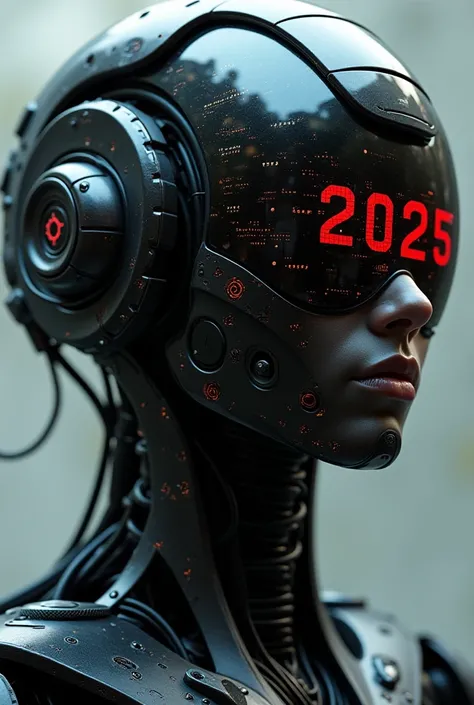 A close-up of a futuristic robotic female head or helmet. It is predominantly black and metallic, with intricate mechanical details. A large, reflective visor covers the eyes, displaying various digital interfaces and a red 2025. The helmet is adorned with...