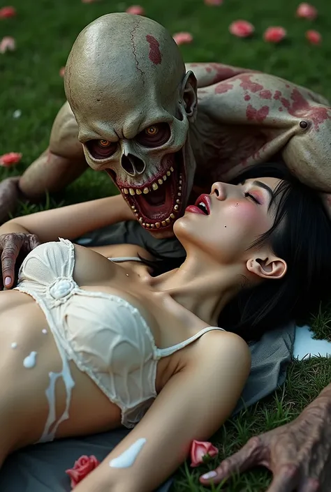 Zombie and a Japanese beauty are posing in a love making pose. they are both lying on the floor.  Japanese skinny teenage beaut, wide neckline, beautiful detailed eyes. She is being violated by an extremely ugly and huge zombie with human characteristic. s...