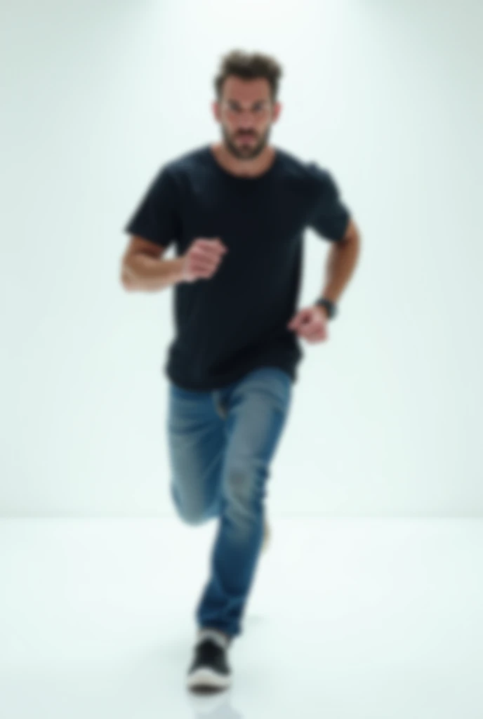 A man wearing a black shirt and jeans is running in a white room. The man has a determined look on his face.