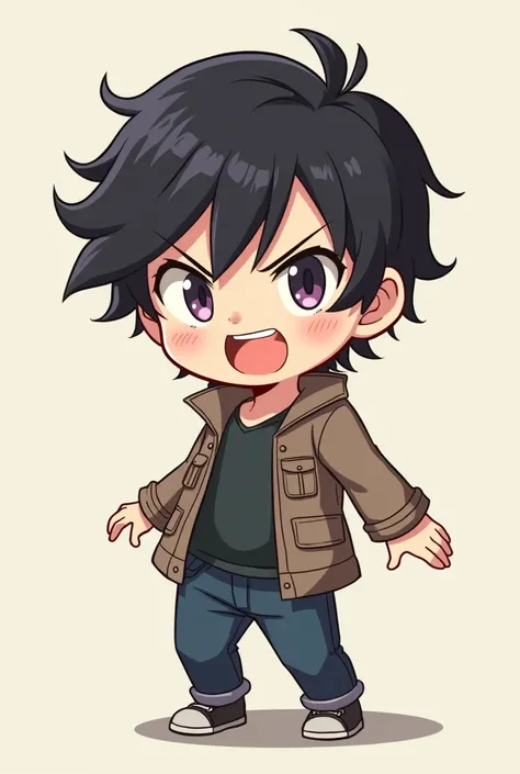 Anime character chibi guy with mid-length hairstyle with guys snappy expression