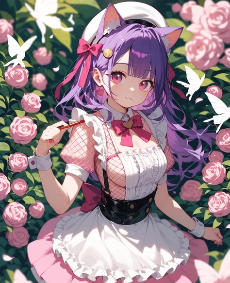 Cat ears、White Beret、 girl 、Purple Hair、 pink mesh 、Mine Maid Outfit 、pink eye、 Ribbon Hairpin、 cute、 high image quality