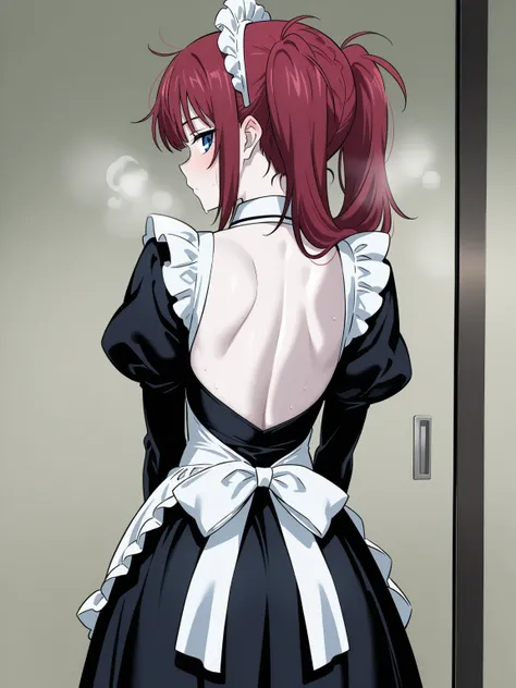 score_9, score_8_up, score_7_up,  source_anime, masterpiece, best quality, anime screencap,anatomically correct,
(back view),1girl,solo,short girl,too small girl,pretty girl,blue eyes,maid, maid apron, maid headdress, puffy sleeves,long skirt,pale skin,red...