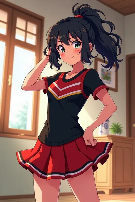 Male boy with long curly black hair with a ponytail wearing a cheerleaders uniform with a black and red skirt and shirt while in an anime-type house