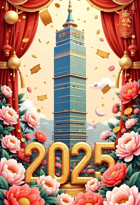  This is a 2025 New Year card ， Taipei 101 landmarks with stereos on the card， with large golden stereo words “2025 "， Other than this No more text 。 decorative peony flowers ，chrysanthemum，Rich leaf ，Red envelope，Firecrackers and other patterns 